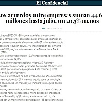 Los acuerdos entre empresas suman 44.627 millones hasta julio, un 20,5% menos